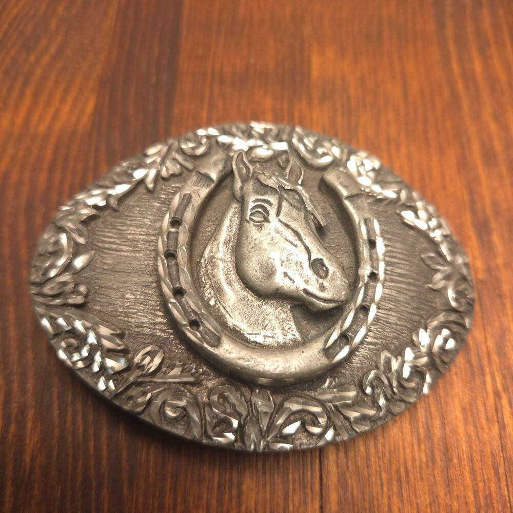 Vintage 1993 EGE Pewter Horse Horseshoe Belt Buckle Western USA 3.5"